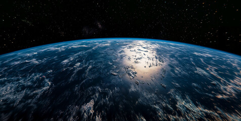 Obraz premium Earth viewed from space, with the focus on the planet's curved horizon, showing a blend of blue oceans and white clouds. Blue planet. Clouds and sky on horizon.