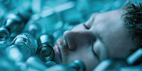 An unattended drunk man sleeps on a pile of alcohol bottles. Concept of alcohol addiction, alcoholism, destruction of life