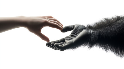 Human and gorilla hands reaching towards each other, symbolizing connection between humanity and wildlife, conservation, and empathy