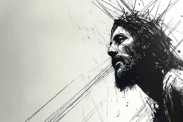 Expressive black and white sketch of Jesus Christ wearing a crown of thorns, symbolizing suffering, sacrifice, and deep spiritual devotion