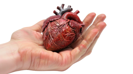 Doctor holding anatomical heart model on transparent background