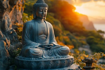 Fototapeta premium Serene Buddha statue at sunset cliffside