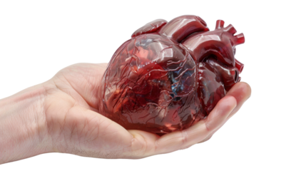 Doctor holding anatomical model of human heart on transparent background