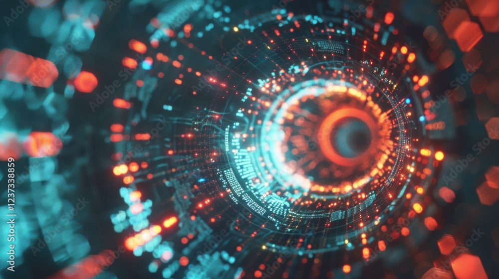 Poster intricate design of a futuristic digital security vault featuring luminous circuits and pulsating ho