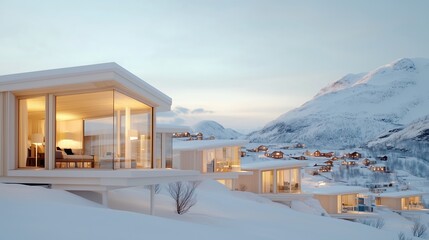Modern minimalist cabins nestled in a snowy mountain landscape offering breathtaking views and serene winter ambiance