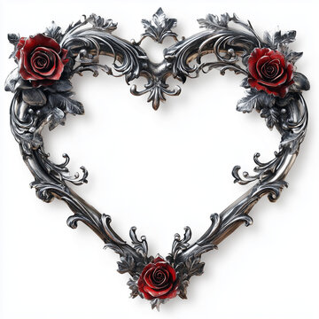 heart shaped silver frame with roses isolated in white