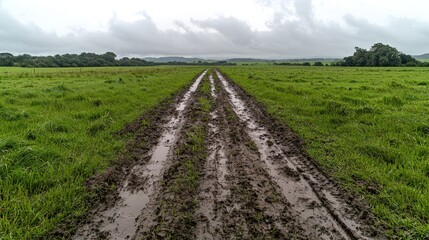 Obraz premium Muddy track through green field, overcast sky. Rural landscape. Stock photo