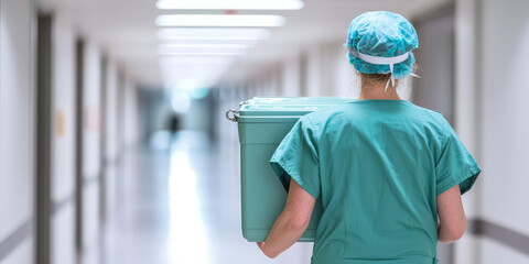 Medical worker in uniform carrying a cooler box for organ transport, concept of organ preservation and transplantation logistics