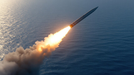 Fototapeta premium High angle launched missile soaring over ocean, showcasing powerful propulsion and dynamic motion. scene captures intensity of military technology in action