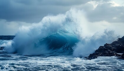 Naklejka premium Majestic Ocean Wave Crashing Against Rocky Shore