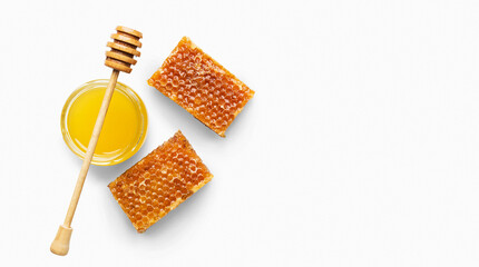 Fresh honeycombs and honey in jar with dipper, isolated on white background, top view, copy space....