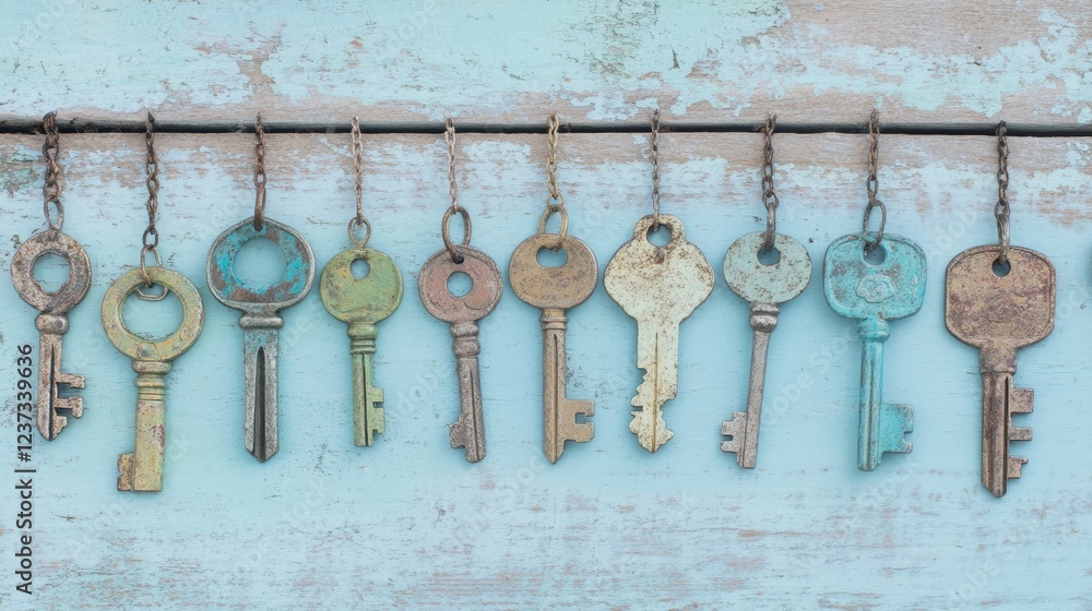 Poster a collection of vintage keys in various shapes and colors is displayed on a chain against a worn blu