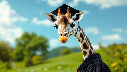 Obraz premium A Giraffe Graduate: Celebrating Academic Achievement in Nature's Embrace