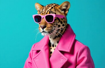 Leopard in a pink coat and pink sunglasses, monochrome blue background, commercial photography,