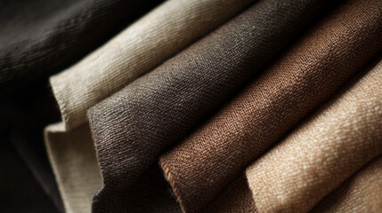 Fototapeta premium close-up photo of natural fabrics of different shades of brown twisted in rolls with a clear, large structure. mocha color 2025