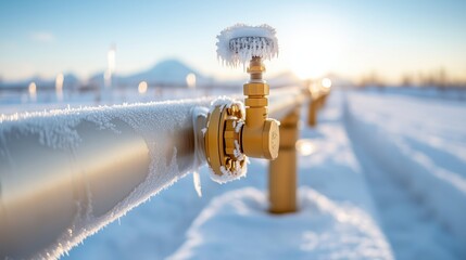 Frost-covered valve on a pipeline in a snowy winter landscape The sun glints off the metallic surface