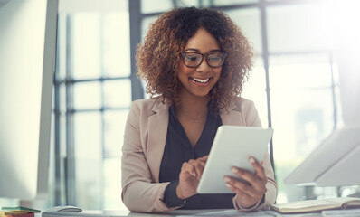 Realtor, tablet or happy businesswoman in workplace for research, opportunity or listing services....