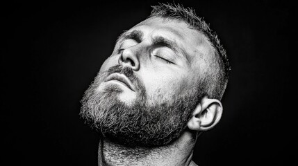 Bearded man meditating, eyes closed, black background, peaceful mood, for relaxation themes