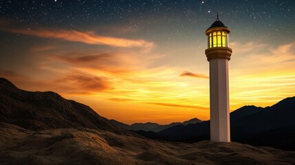 Majestic Lighthouse Illuminated by Sunset with Starry Sky and Mountainous Background