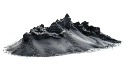 Pile of dark sand forming a small mountain with rocks on transparent background