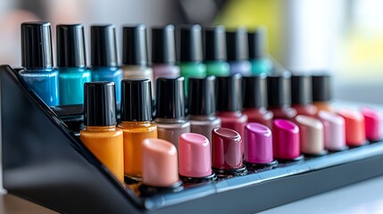 Colorful nail polishes displayed in salon, bright background