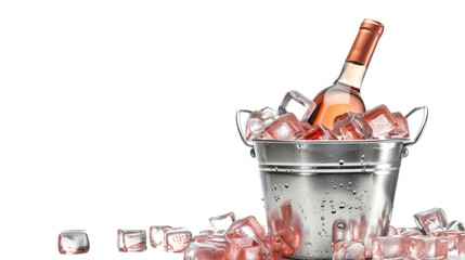 Rosé wine bottle cooling in metal bucket with ice cubes on transparent background