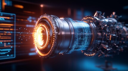 Complex futuristic engine rotating and generating energy with a stream of digital data flowing on a holographic screen in a dark industrial environment