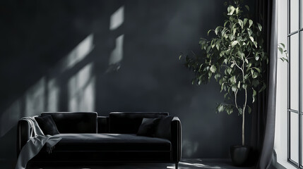 Fototapeta premium Modern black luxury living room oversized velvet sofa minimalist decor single green plant for contrast moody and sophisticated ambiance. Moody Monochrome. Illustration