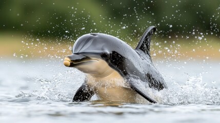 Obraz premium Dolphin leaping, coastal waters, green background, wildlife