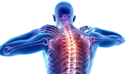 3d rendering of male figure experiencing back pain on transparent background