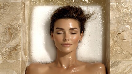 Woman relaxing in a luxurious bath, spa treatment, marble surround, calm background, wellness imagery.