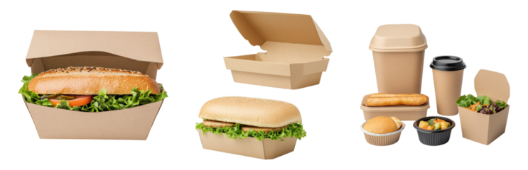 Assorted Takeout Food Packaging Options Isolated on transparent background