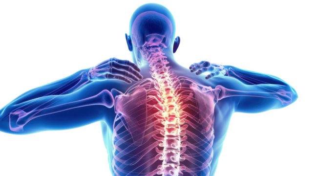 3d rendering of male figure experiencing back pain on transparent background