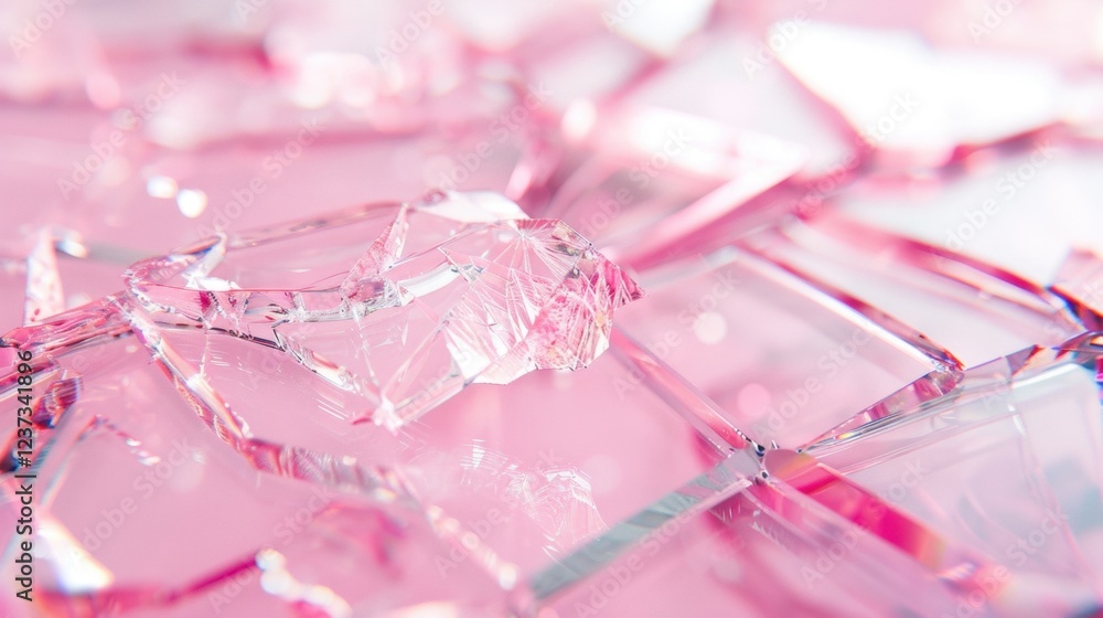Aufkleber fragments of pink colored broken glasses are spread across a reflective surface, creating a vivid an