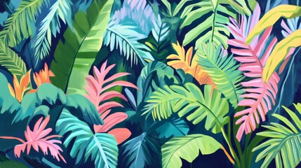 Lush Tropical Paradise Vibrant Abstract Painting of Exotic Foliage