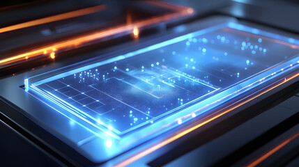 High-tech solar panel with an integrated holographic system, illustrating the process of energy generation and showcasing its sustainable benefits.