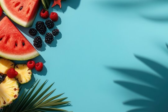 Vibrant Summer Fruits on Blue Background with Shadows and Textures - Powered by Adobe