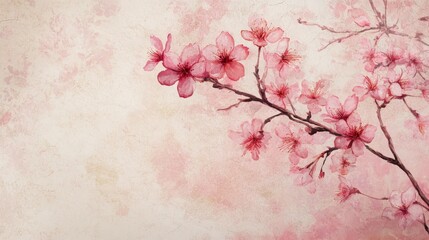 Delicate Pink Cherry Blossom Branch Against Soft Pastel Background