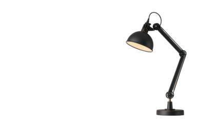 Modern black desk lamp illuminating on transparent background