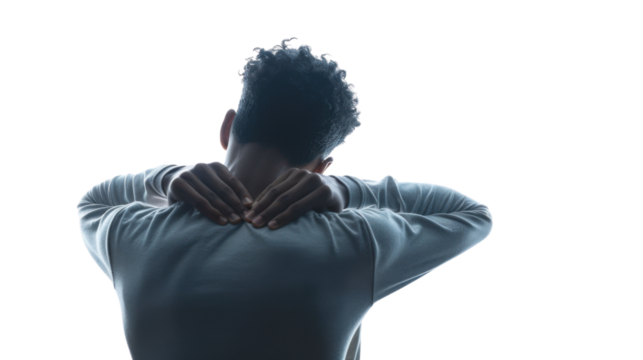 Man massaging neck and shoulders on transparent background