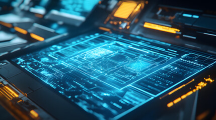 High-tech solar panels with advanced holographic technology, visualizing the conversion of solar energy into usable electricity for modern residential systems.