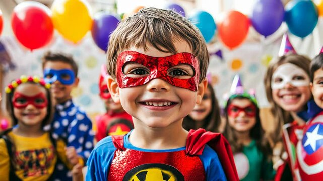 Children celebrate at a colorful superhero-themed party with balloons and costumes in a festive atmosphere