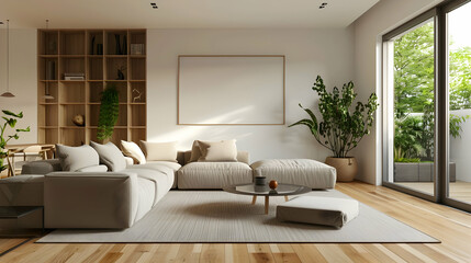 Modern living room with neutral tones, plants, and a cozy atmosphere.
