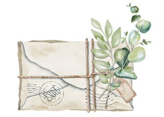 Watercolor illustration of folded paper envelope with eucalyptus branch, stamp and paper tag. Suitable for wedding invitations, greeting cards, rustic decor, elegant design for nature-themed marketing
