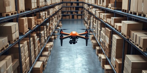 A high-tech drone flying inside a warehouse with stacked boxes, symbolizing logistics and automation.