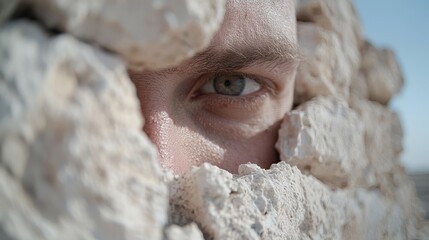 Man's eye peering through stone wall; desert background; suspenseful imagery