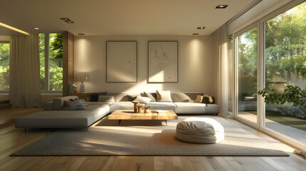 Bright and airy living room with modern furniture and large windows overlooking greenery.