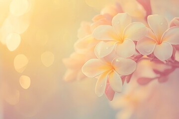 White frangipani or plumeria flowers blooming on tree.