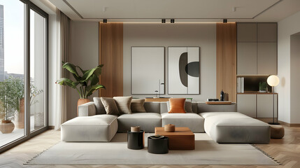 Modern living room with a cozy sectional sofa, plants, and minimalist decor.