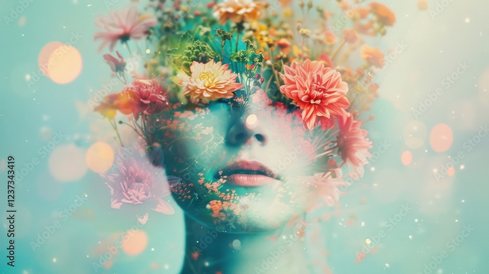 Poster a striking representation of a person's face merging with an array of colorful flowers, creating a d